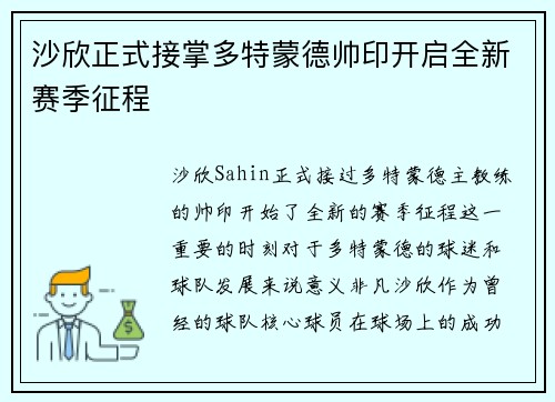 沙欣正式接掌多特蒙德帅印开启全新赛季征程