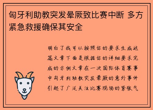 匈牙利助教突发晕厥致比赛中断 多方紧急救援确保其安全